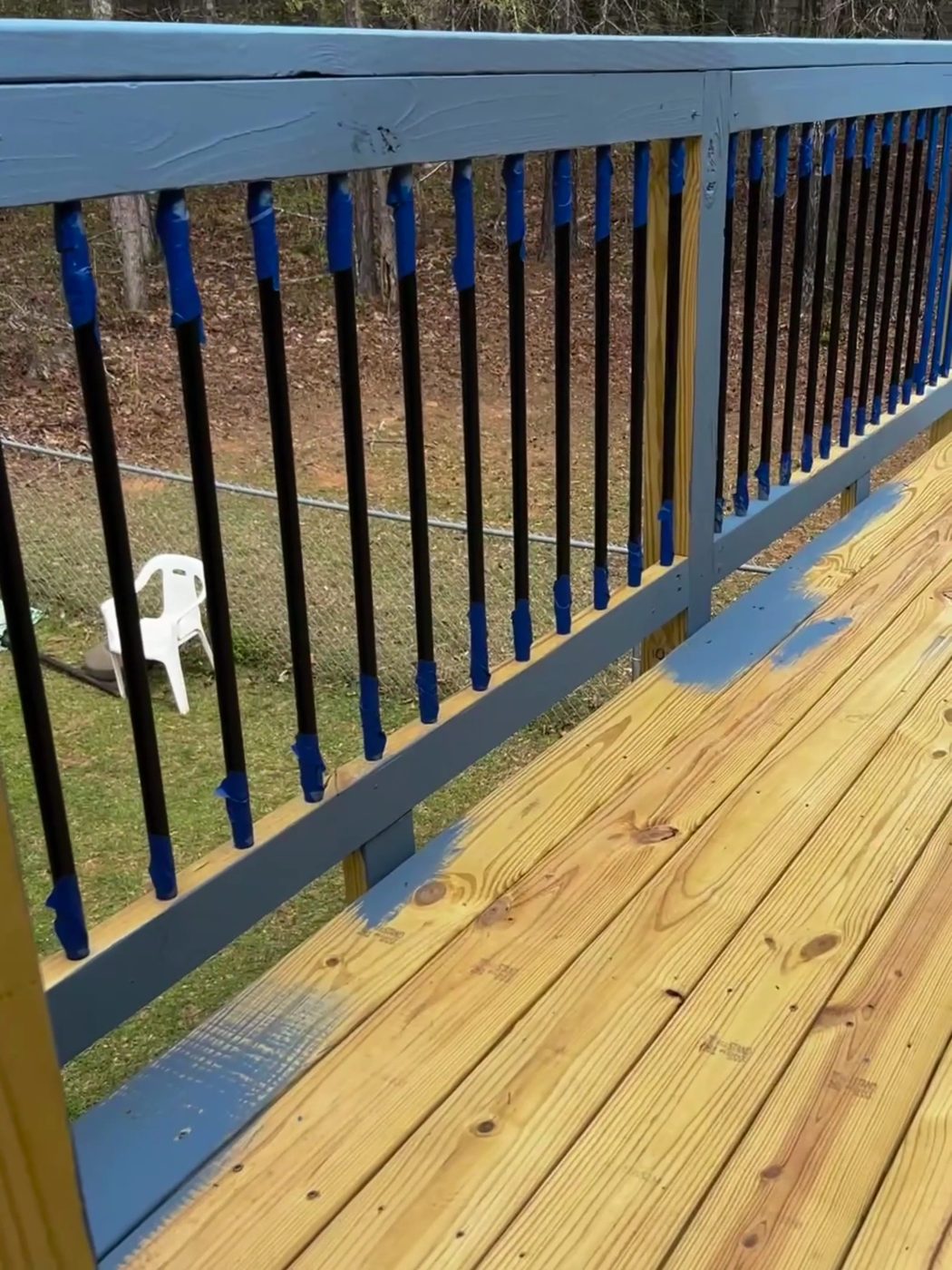 Freshly built deck with painted railings